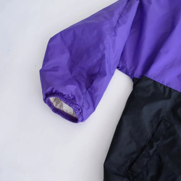 80S Active Spirit Purple Teal Zip Up Nylon W/ Hidden Hood Lined Windbreaker Coat - Picture 9 of 14